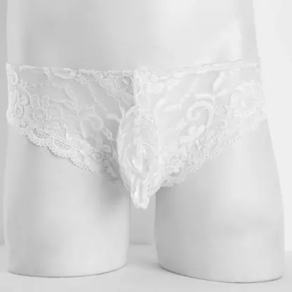 femme / vrouwelijke witte kanten herenslip met kanten pouch - gevormde pouch