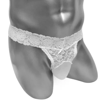 femme / vrouwelijke witte kanten heren string met stretchy pouch en brede kanten band - voorkant