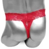 femme / vrouwelijke rode kanten heren string met stretchy pouch en brede kanten band - achterkant